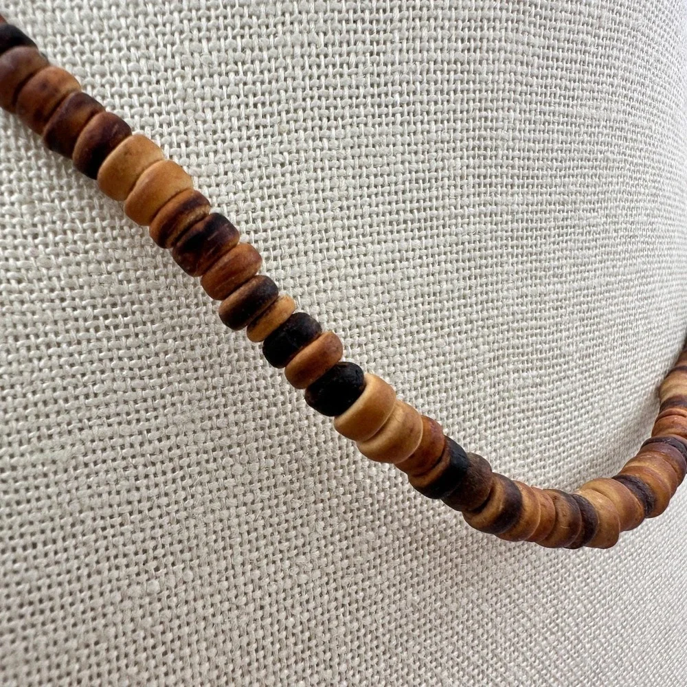 Vintage 90s‎ Wooden Heishe Beaded Necklace Women's Minimalist Retro Jewelry Boho